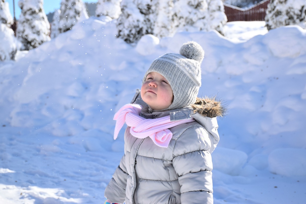 Ein kleines M&auml;dchen steht im Winter.